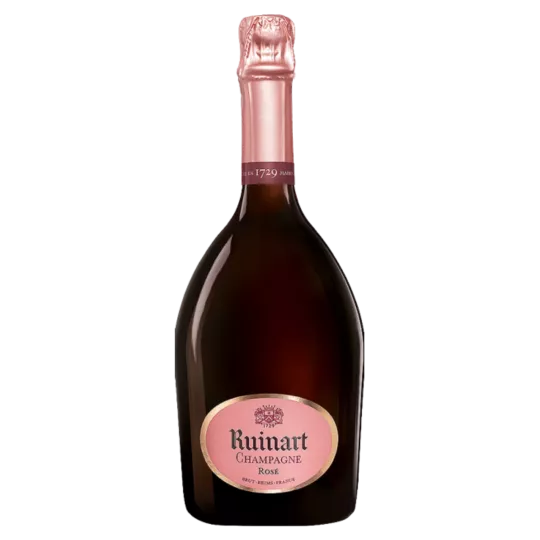 Botella de Champagne Ruinart Brut Rosé - color coral, etiqueta emblemática