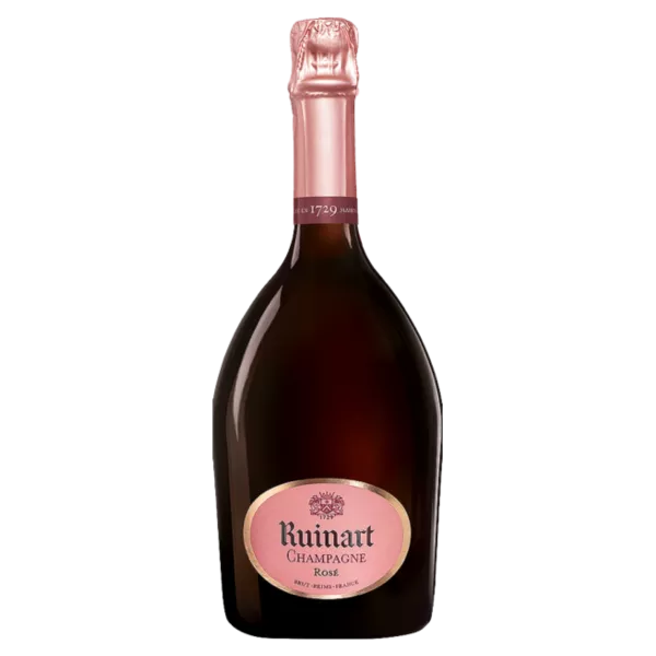 Botella de Champagne Ruinart Brut Rosé - color coral, etiqueta emblemática