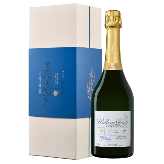 Botella de Champagne Deutz La Côte Glacière 2015, vista frontal, etiqueta blanca, tapón dorado