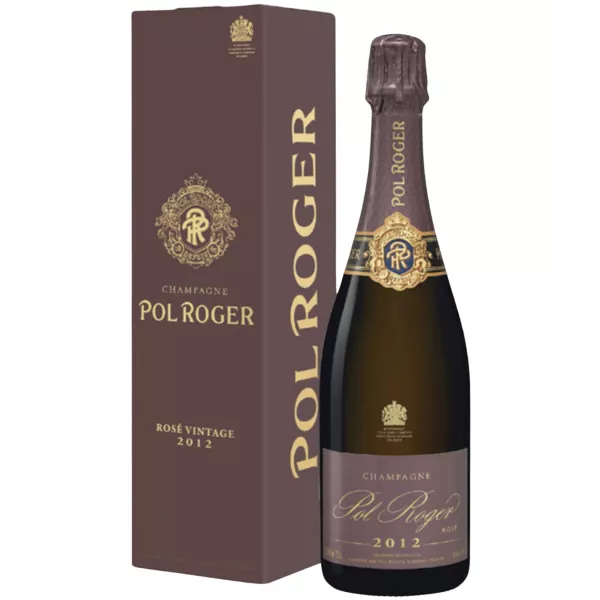 Botella de Champagne Pol Roger Rosé 2015, vista frontal, etiqueta visible.