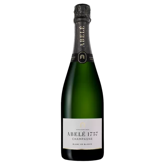 Botella de Champagne Abelé 1757 Blanc de Blancs Brut, vista frontal, etiqueta blanca y negra sobre fondo dorado