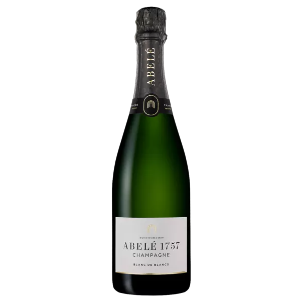 Botella de Champagne Abelé 1757 Blanc de Blancs Brut, vista frontal, etiqueta blanca y negra sobre fondo dorado