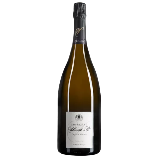Botella de Champagne Vilmart Grande Réserve Premier Cru, cápsula negra, etiqueta blanca, presentada en posición vertical