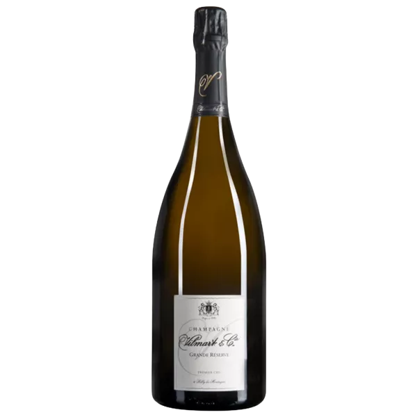 Botella de Champagne Vilmart Grande Réserve Premier Cru, cápsula negra, etiqueta blanca, presentada en posición vertical