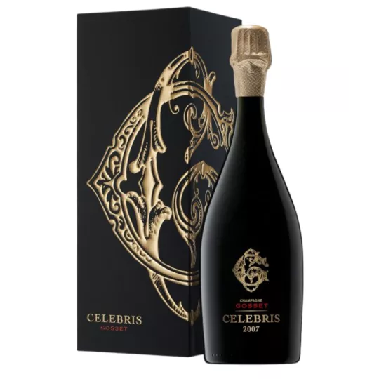Botella de Champagne Gosset Célébris Millésime 2008 Brut, vista frontal, etiqueta negra y dorada