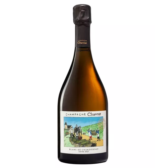Botella de Champagne Chavost Blanc de Chardonnay Extra-Brut, 100% Chardonnay sin sulfitos, vinificado naturalmente.
