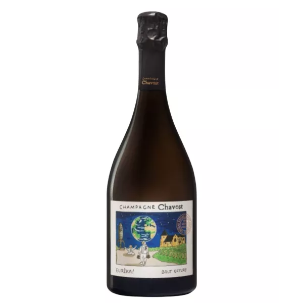 Botella de Champagne Chavost Eureka Brut Nature, etiqueta coloreada, vista frontal