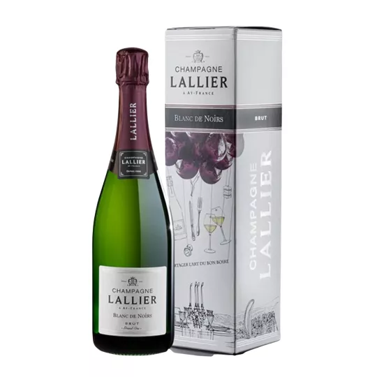 Botella de Champagne Lallier Blanc de Noirs Brut Grand Cru 75cl, etiqueta blanca, con estuche ilustrado.