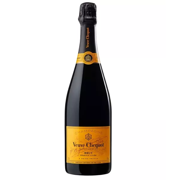 Botella de Champagne Veuve Clicquot Cuvée Réserve brut - vista frontal sobre fondo neutro