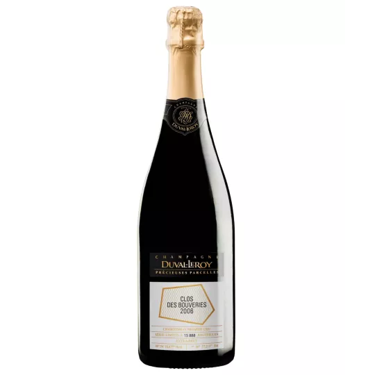 Botella de Champagne Duval-Leroy Clos des Bouveries 2006, etiqueta negra y dorada, vista frontal