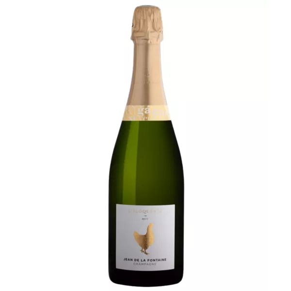 Botella de Champagne Jean de la Fontaine L'éloquente Brut, 75cl, tapón dorado, etiqueta blanca con gallo dorado, vista frontal
