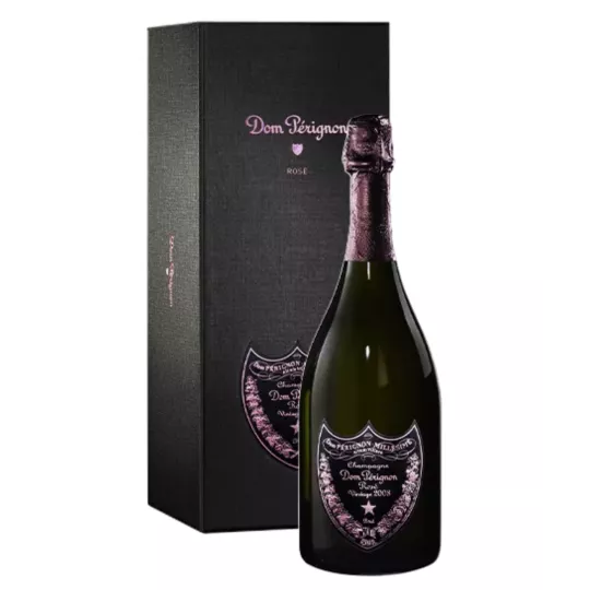 Botella de Champagne Dom Pérignon Rosé 2008 con etiqueta rosa, vista frontal