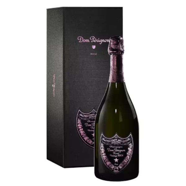 Botella de Champagne Dom Pérignon Rosé 2008 con etiqueta rosa, vista frontal
