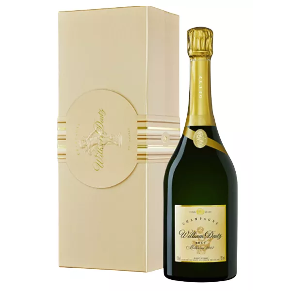 Botella de Champagne Deutz Cuvée William Deutz 2013, etiqueta dorada, vista frontal.