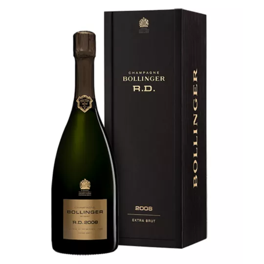 Botella de champán Bollinger R.D. 2008, etiqueta dorada, vista frontal