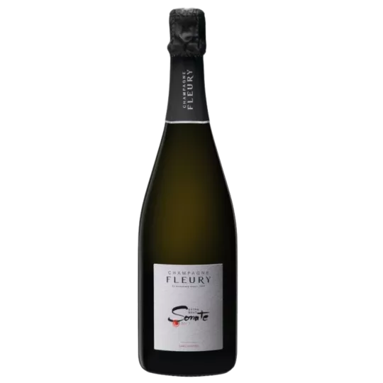 Botella de Champagne Fleury Sonate Extra-Brut 2013, etiqueta blanca, vista frontal.