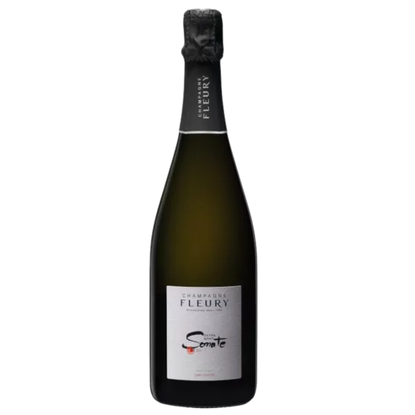 Botella de Champagne Fleury Sonate Extra-Brut 2013, etiqueta blanca, vista frontal.