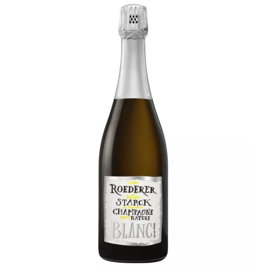 Botella de champán Louis Roederer Brut Nature 2015, etiqueta blanca, vista frontal