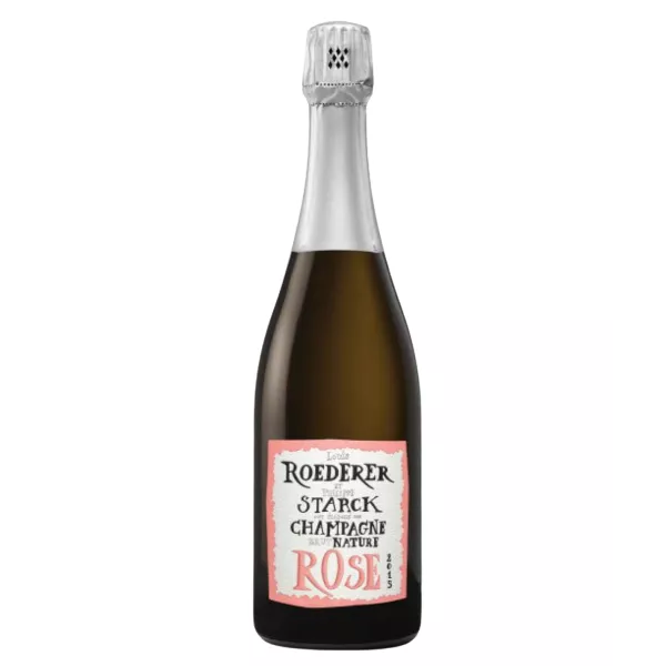 Botella de Champagne Louis Roederer Starck Rosé 2015, etiqueta blanca y rosa, vista frontal.