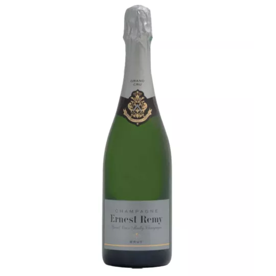 Botella de Champagne Ernest Remy Brut Blanc de Noirs, etiqueta plateada, vista frontal