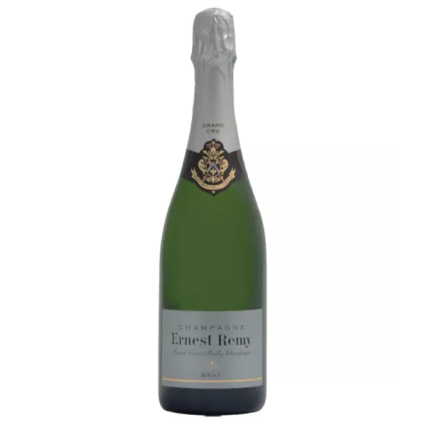 Botella de Champagne Ernest Remy Brut Blanc de Noirs, etiqueta plateada, vista frontal