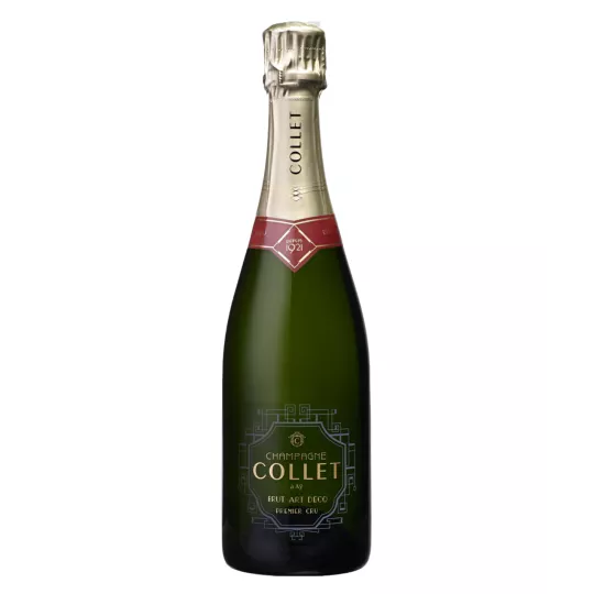 Botella de Champagne COLLET Brut Art Déco Premier Cru, símbolo de elegancia y tradición champañera.