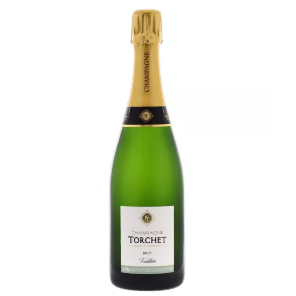 Bottle of Champagne LAËTITIA TORCHET Brut Tradition being served.