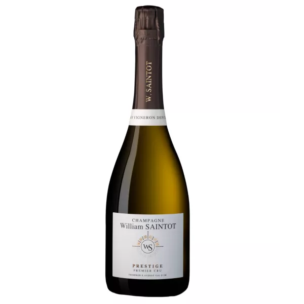 Magnum de Champagne William Saintot Prestige, botella de 1,5 L, etiqueta blanca, tapón dorado, vista frontal