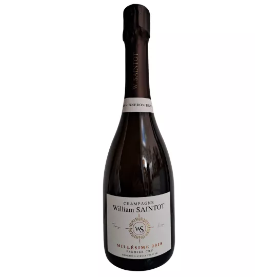 Botella de champán William Saintot Millésime 2018, etiqueta blanca, vista frontal