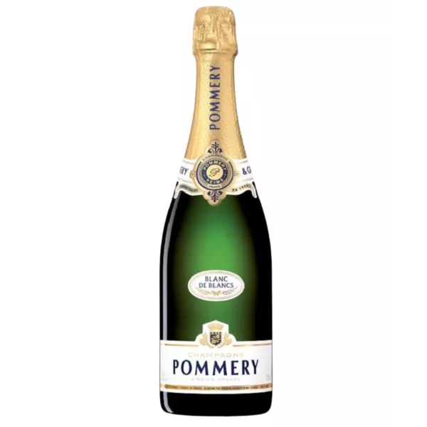 Botella de Champagne Pommery Apanage Blanc de Blancs, vista frontal, etiqueta blanca y dorada