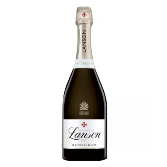 Botella de Champagne Lanson Le Blanc de Blancs, vista frontal, etiqueta dorada