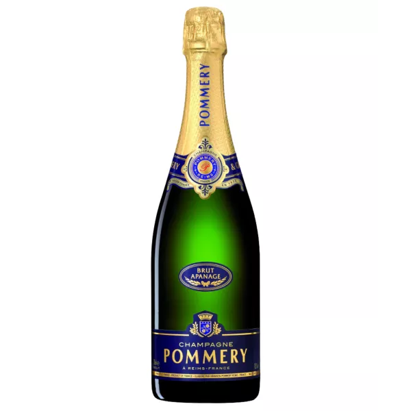 Botella de Champagne Pommery Brut Apanage, vista frontal, etiqueta azul y dorada
