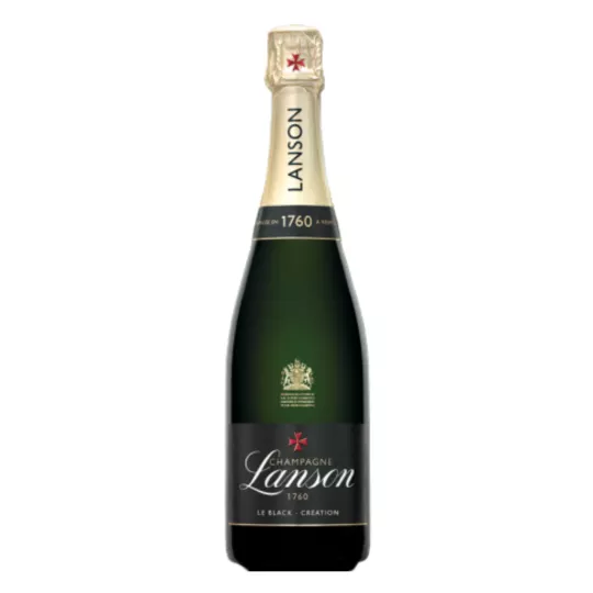 Botella de Champagne Lanson Le Black Création Brut, etiqueta negra, vista frontal