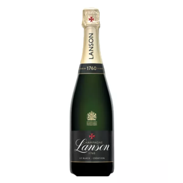 Botella de Champagne Lanson Le Black Création Brut, etiqueta negra, vista frontal