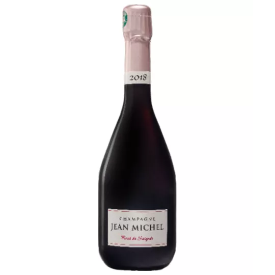 Botella de Champagne Jean Michel Rosé de Saignée 2018, rosado intenso, vista frontal.