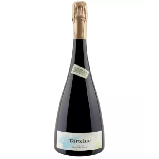 Botella de champán William Saintot La Tortelue, etiqueta blanca, tapón dorado, vista frontal
