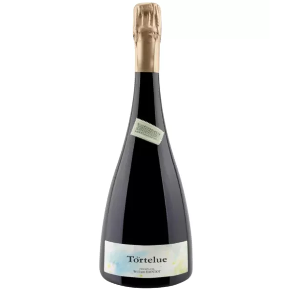 Botella de champán William Saintot La Tortelue, etiqueta blanca, tapón dorado, vista frontal