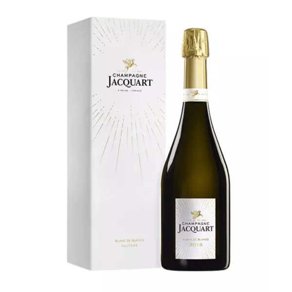 Botella de Champagne Jacquart Blanc de Blancs 2015, vista frontal, etiqueta blanca y dorada, tapón dorado.