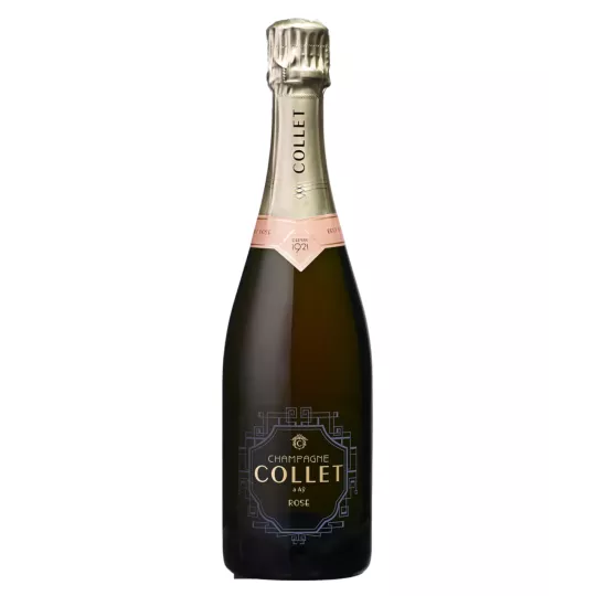 Botella de Champagne Collet Brut Rosé 75cl, vista frontal, etiqueta negra y tapón dorado
