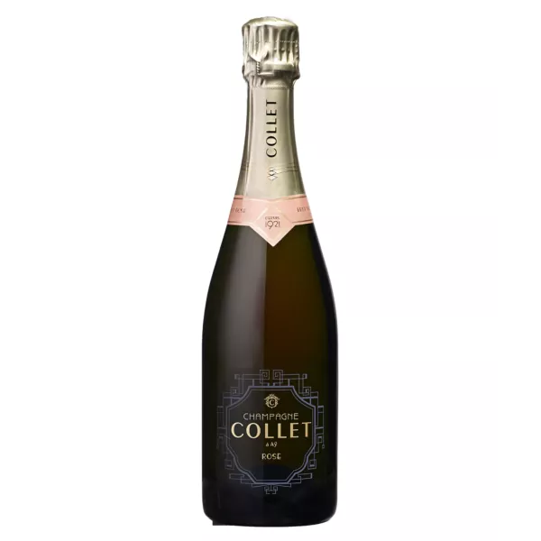 Botella de Champagne Collet Brut Rosé 75cl, vista frontal, etiqueta negra y tapón dorado