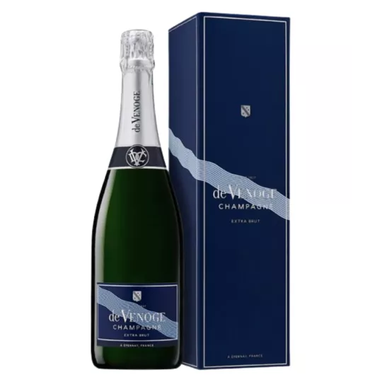 Botella de Champagne Extra Brut De Venoge - una mezcla de Pinot Noir, Meunier y Chardonnay - baja dosificación para una degustac
