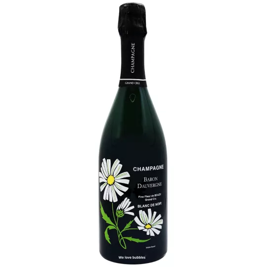 Botella de Champagne Baron Dauvergne Fine Fleur Blanc de Noirs en formato Magnum, etiqueta floral, vista frontal.