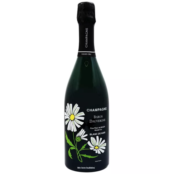 Botella de Champagne Baron Dauvergne Fine Fleur Blanc de Noirs en formato Magnum, etiqueta floral, vista frontal.