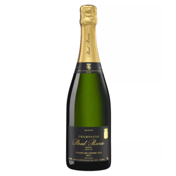 Botella de Champagne Paul Bara Grand Millésime 2018, etiqueta negra y dorada, vista frontal
