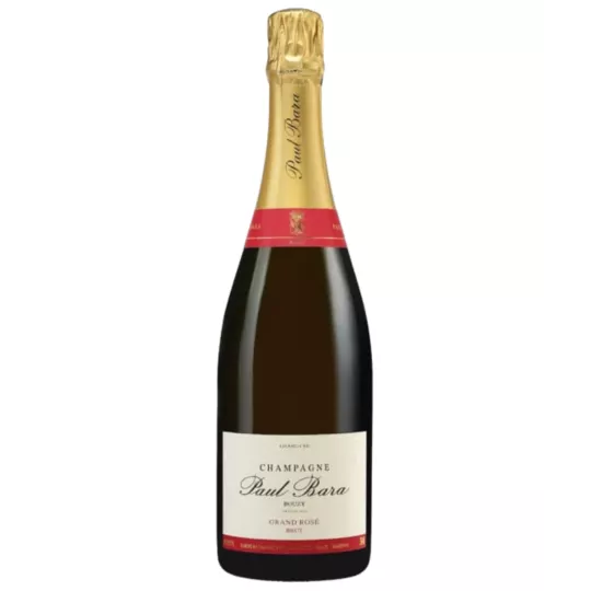 Botella de Champagne Paul Bara Grand Rosé, etiqueta blanca y tapón dorado, vista frontal