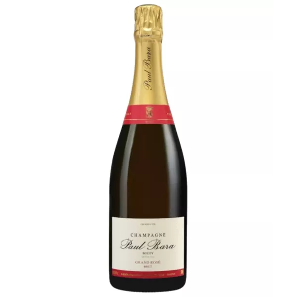 Botella de Champagne Paul Bara Grand Rosé, etiqueta blanca y tapón dorado, vista frontal