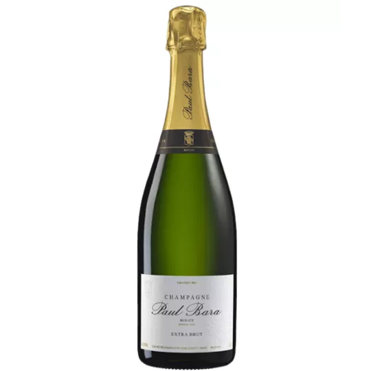Botella de Champagne Paul Bara Extra Brut Grand Cru, vista frontal, etiqueta blanca, tapón dorado