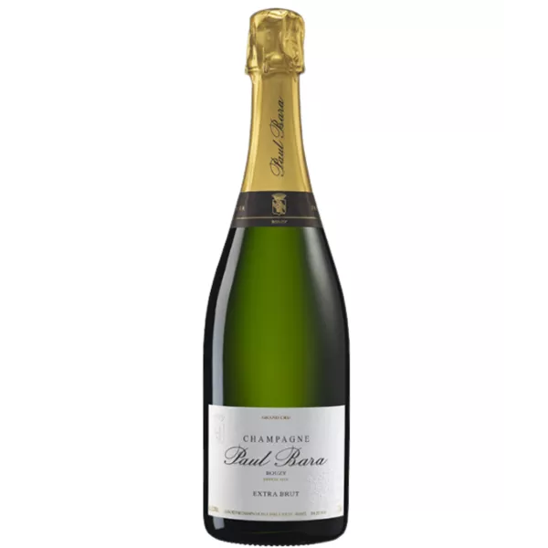 Botella de Champagne Paul Bara Extra Brut Grand Cru, vista frontal, etiqueta blanca, tapón dorado