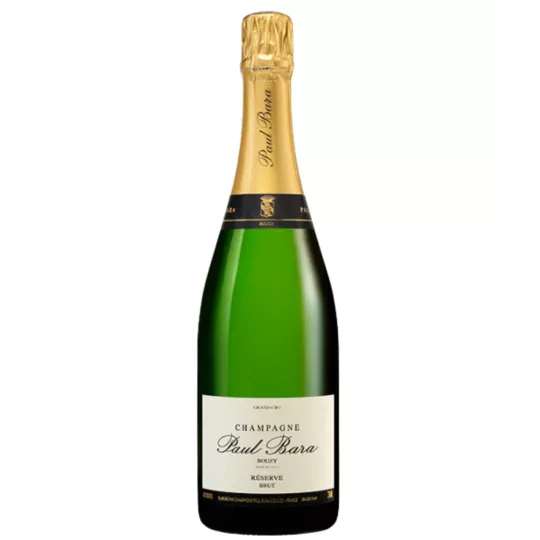 Botella de Champagne Paul Bara Brut Réserve, etiqueta blanca y dorada, vista frontal