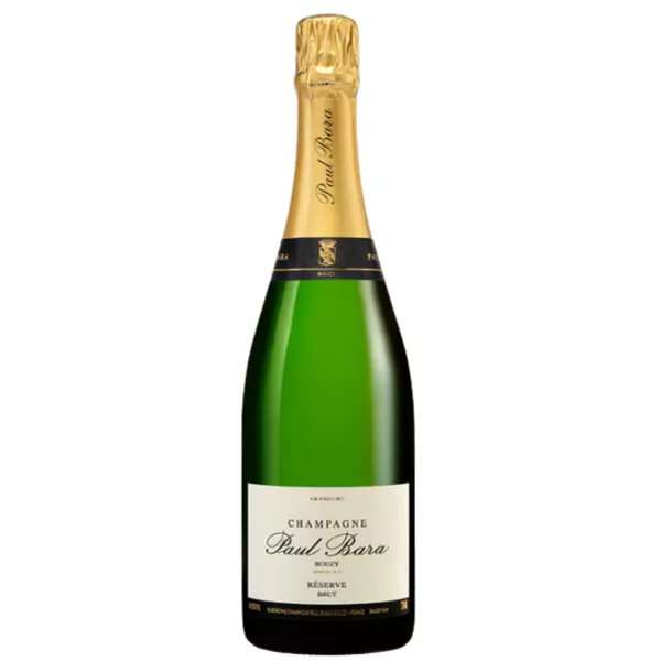 Botella de Champagne Paul Bara Brut Réserve, etiqueta blanca y dorada, vista frontal